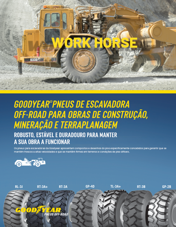 Pneus para motoniveladoras Goodyear Off-road para aplicações de construção, mineração e terraplenagem.
